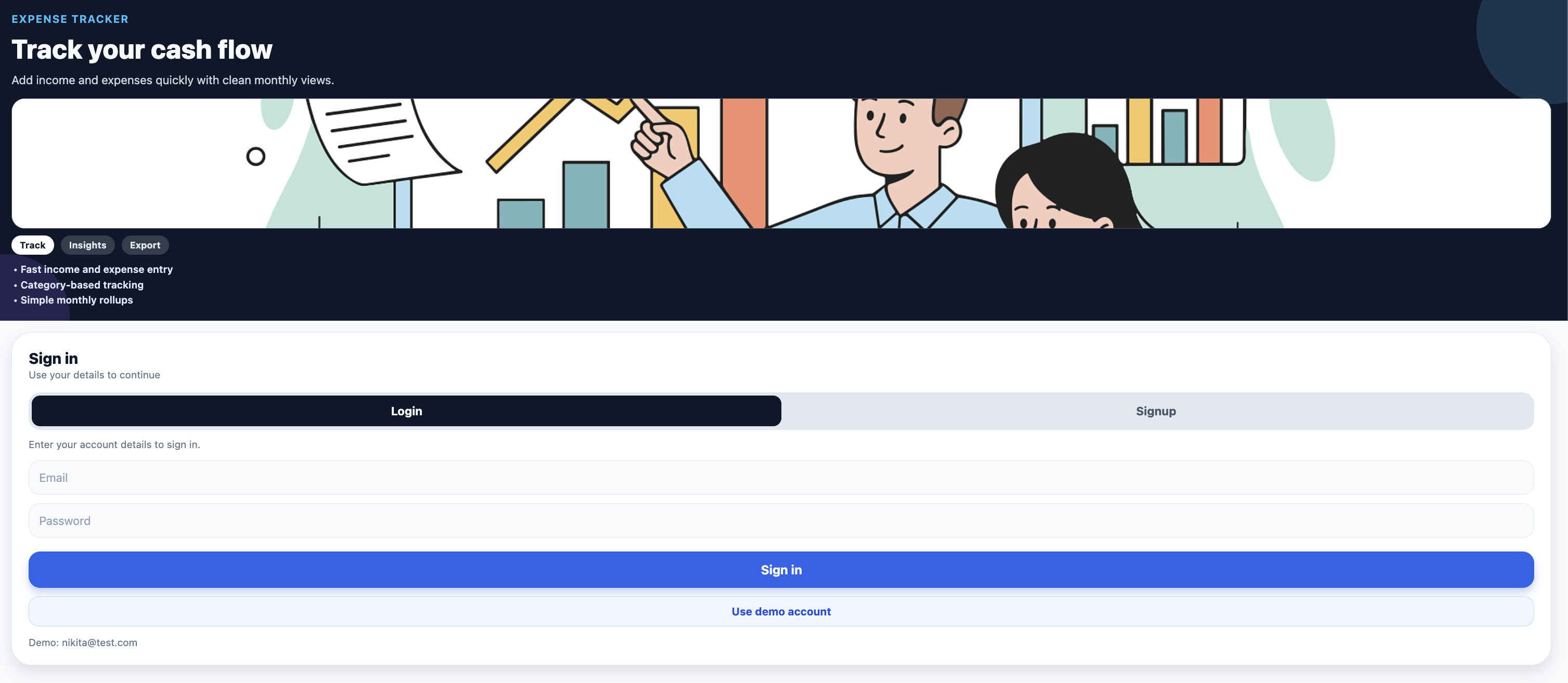 Expense Tracker account screen